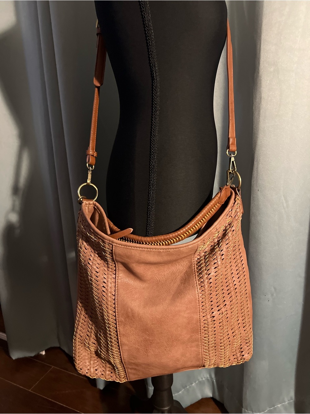 Antik Kraft Braided Faux Leather Hobo Bag Cognac Brown Woven Crossbody Purse
